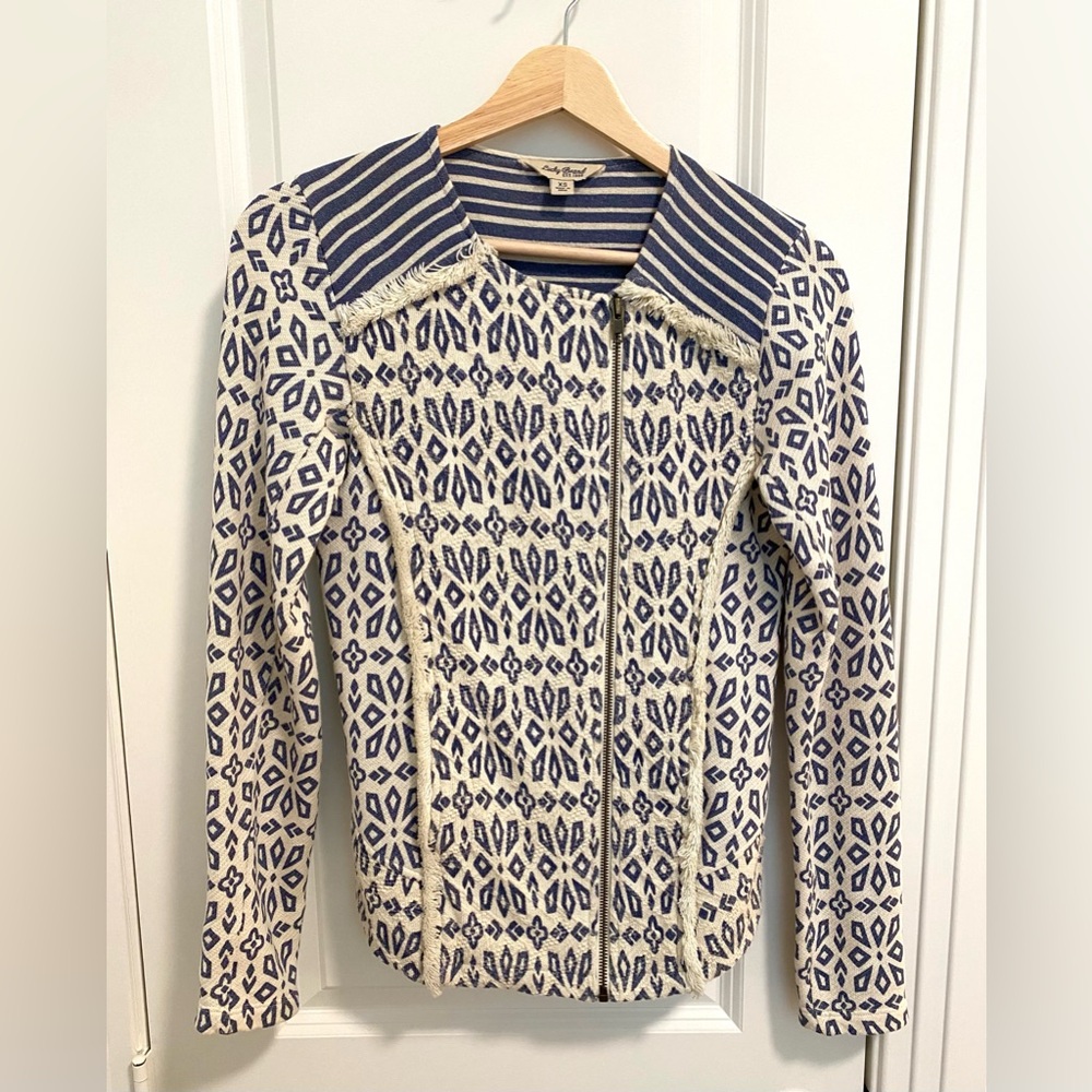 Lucky Brand Cream & Blue Moto Zip Jacket Fitted Textured Womens Size XS